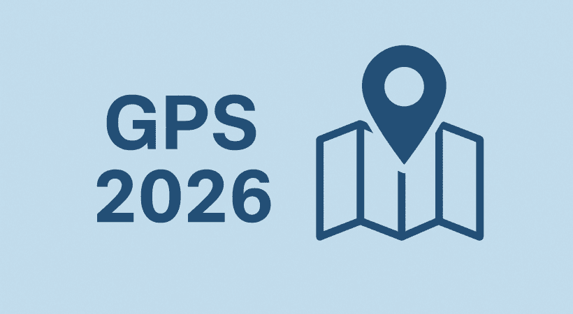 Immagine orizzontale con la scritta “GPS 2026” al centro e un’icona di mappa con puntatore, in stile minimal e professionale.